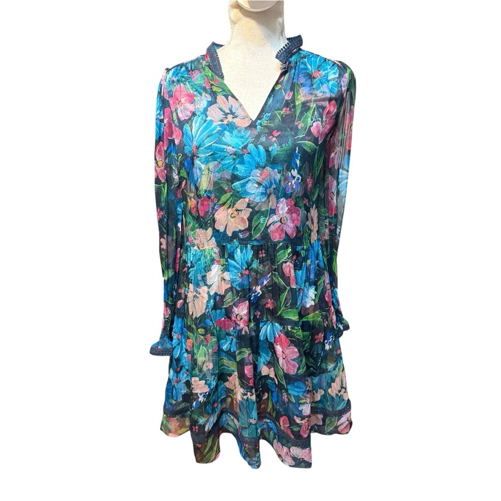 Jade By Johnny Was Women's Blue Maryah Silk Floral Print Dress Size S